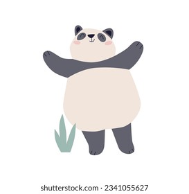 Cute happy panda in Scandinavian style. Funny kawaii adorable Chinese bear, comic amusing animal, smiling baby character. Kids Scandi flat graphic vector illustration isolated on white background