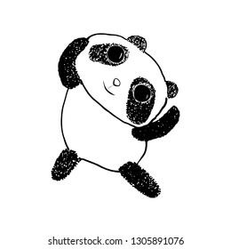 Cute happy panda vector illustration. Sketch style ink pen. Panda paws hands up. Baby. Big black eyes, smiling, dancing, plump. For prints, web, decoration