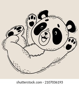 Cute happy panda. Vector illustration. Character joyful animal in linear style hand drawing doodle for childrens collection and cards, design, decor and print