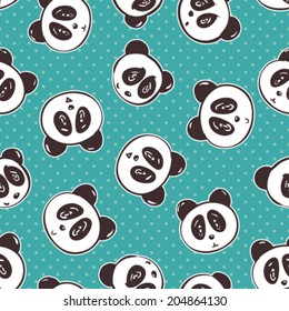 cute happy panda's heads seamless pattern on blue polka dot background