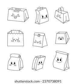 Cute happy paper bag. Coloring Page. Funny food product box package. Cartoon shopping bags. Vector drawing. Collection of design elements.