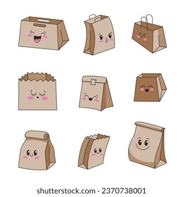 Cute happy paper bag. Funny food product box package. Cartoon shopping bags. Vector drawing. Collection of design elements.