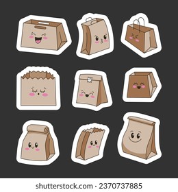 Cute happy paper bag. Sticker Bookmark. Funny food product box package. Cartoon shopping bags. Vector drawing. Collection of design elements.