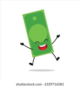 Un personaje de dinero de papel alegre. Divertida celebración del salto de victoria dinero emoticono de dibujos animados de estilo plano. ilustración de vector de emoticonos financieros