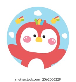 Cute happy parrot greeting with rainbow star and cloud sky background picture screen on brooch pin.Bird animal character cartoon design.Kawaii.Vector.Illustration.