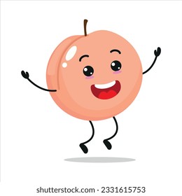 Cute happy peach character. Funny celebration jump peach cartoon emoticon in flat style. Fruit emoji vector illustration