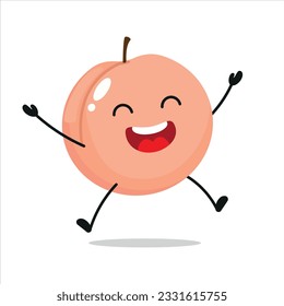 Cute happy peach character. Funny jump peach cartoon emoticon in flat style. Fruit emoji vector illustration