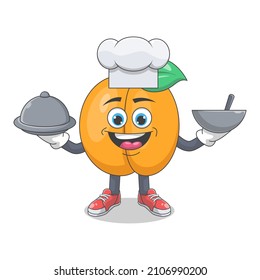 Cute Happy Peach Chef Cartoon Vector Illustration. Fruit Mascot Character Concept Isolated Premium Vector