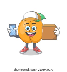 Cute Happy Peach Courier Cartoon Vector Illustration. Fruit Mascot Character Concept Isolated Premium Vector