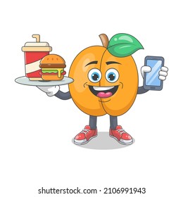 Cute Happy Peach With Fast Food Cartoon Vector Illustration. Fruit Mascot Character Concept Isolated Premium Vector