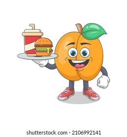 Cute Happy Peach With Fast Food Cartoon Vector Illustration. Fruit Mascot Character Concept Isolated Premium Vector