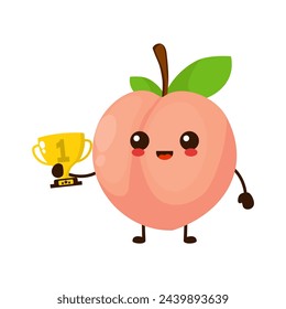 Fruta de melocotón feliz lindo con el trofeo de oro. Vector de fruta plana de dibujos animados ilustración de personaje icono diseño