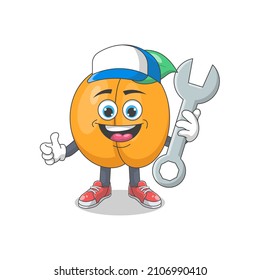 Cute Happy Peach Mechanic Cartoon Vector Illustration. Fruit Mascot Character Concept Isolated Premium Vector