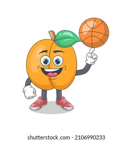 Cute Happy Peach Playing Basketball Cartoon Vector Illustration. Fruit Mascot Character Concept Isolated Premium Vector