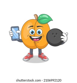 Cute Happy Peach Playing Bowling Cartoon Vector Illustration. Fruit Mascot Character Concept Isolated Premium Vector