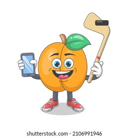 Cute Happy Peach Playing Ice Hockey Cartoon Vector Illustration. Fruit Mascot Character Concept Isolated Premium Vector