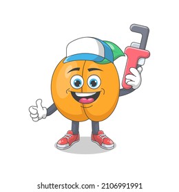 Cute Happy Peach Plumber Cartoon Vector Illustration. Fruit Mascot Character Concept Isolated Premium Vector