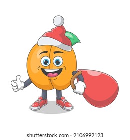 Cute Happy Peach Santa Cartoon Vector Illustration. Fruit Mascot Character Concept Isolated Premium Vector