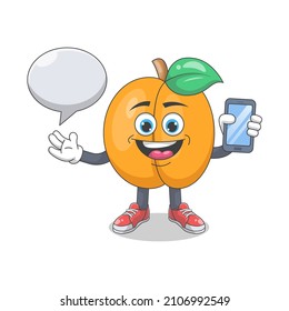 Cute Happy Peach Con La Ilustración Del Vector De Caricaturas De Burbujas De Voz. Concepto de carácter mascota de frutas Vector premium aislado