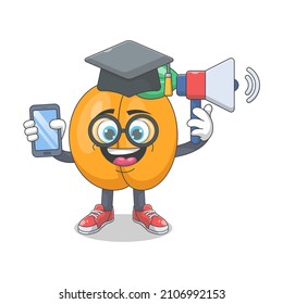Cute Happy Peach University Graduate Cartoon Vector Illustration. Fruit Mascot Character Concept Isolated Premium Vector