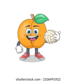 Cute Happy Peach With Volleyball Cartoon Vector Illustration. Fruit Mascot Character Concept Isolated Premium Vector