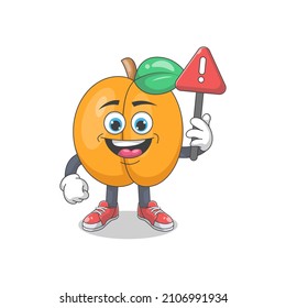 Cute Happy Peach With Warning Sign Cartoon Vector Illustration. Fruit Mascot Character Concept Isolated Premium Vector