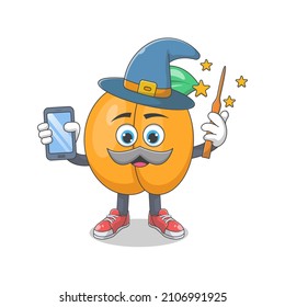 Cute Happy Peach Wizard Cartoon Vector Illustration. Fruit Mascot Character Concept Isolated Premium Vector