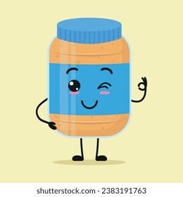 Cute happy peanut butter cartoon. Funny smiling and wink food cartoon emoticon in flat style. closet vector illustration