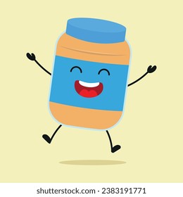 Cute happy peanut butter cartoon. Funny victory jump celebration food cartoon emoticon in flat style. closet vector illustration