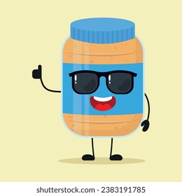 Cute happy peanut butter cartoon wear sunglasses. Funny food greet friend cartoon emoticon in flat style. closet vector illustration