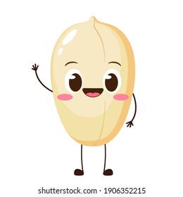 Cute happy peanut character. Funny nut emoticon in flat style. Raw peanut emoji vector illustration. Healthy vegetarian food