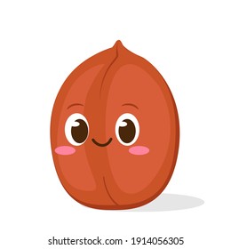 Cute happy peanut character. Funny nut emoticon in flat style. Cartoon brown peanut vector illustration