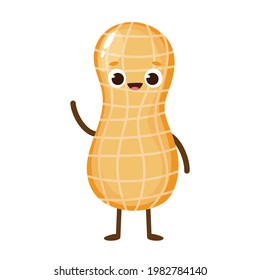 Cute happy peanut character. Funny nut emoticon in flat style. Peanut in nutshell emoji vector illustration. Healthy vegetarian food