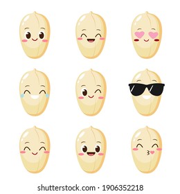 Cute happy peanut character set. Funny nut emoticon in flat style. Raw peanut emoji vector illustration. Healthy vegetarian food