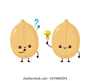 Cute happy peanut with question mark and light bulb. Vector flat cartoon character illustration icon design. Isolated on white background. Nuts concept

