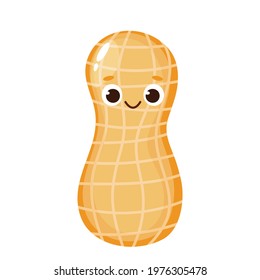 Cute happy peanut in shell character. Funny nut emoticon in flat style. Raw peanut in nutshell emoji vector illustration. Healthy vegetarian food