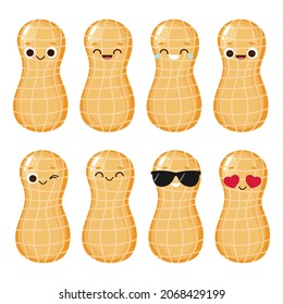 Cute happy peanut in shell character set. Funny nut emoticon in flat style. Raw peanut in nutshell emoji vector illustration