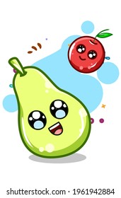 A cute and happy pear and cherry cartoon illustration