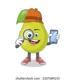 Cute Happy Pear Detective Cartoon Vector Illustration. Fruit Mascot Character Concept Isolated Premium Vector