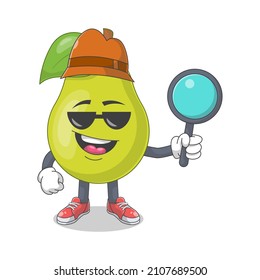 Cute Happy Pear Detective Cartoon Vector Illustration. Fruit Mascot Character Concept Isolated Premium Vector