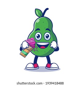 Cute Happy Pear Eating Ice Cream Cartoon Vector Illustration. Fruit Mascot Character Concept Isolated Premium Vector