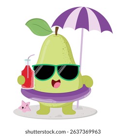 Cute And Happy Pear Fruit Cartoon Character Enjoying The Beach While Drinking Fresh Juice