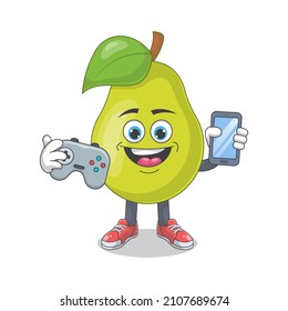 Cute Happy Pear Gamer Cartoon Vector Illustration. Fruit Mascot Character Concept Isolated Premium Vector