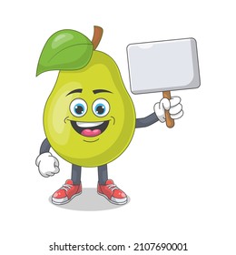Cute Happy Pear Holding Blank Sign Cartoon Vector Illustration. Fruit Mascot Character Concept Isolated Premium Vector