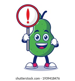 Cute Happy Pear Holding Warning Sign Cartoon Vector Illustration. Fruit Mascot Character Concept Isolated Premium Vector