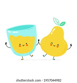 Cute happy pear and juice glass. Isolated on white background. Vector cartoon character hand drawn style illustration. Pear juice cartoon character concept