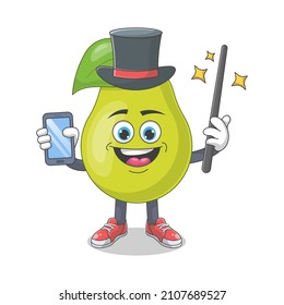 Cute Happy Pear Magician Cartoon Vector Illustration. Fruit Mascot Character Concept Isolated Premium Vector