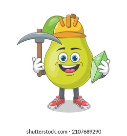 Cute Happy Pear Miner Cartoon Vector Illustration. Fruit Mascot Character Concept Isolated Premium Vector