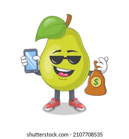 Cute Happy Pear With Money Bag Cartoon Vector Illustration. Fruit Mascot Character Concept Isolated Premium Vector