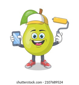 Cute Happy Pear Painter Cartoon Vector Illustration. Fruit Mascot Character Concept Isolated Premium Vector